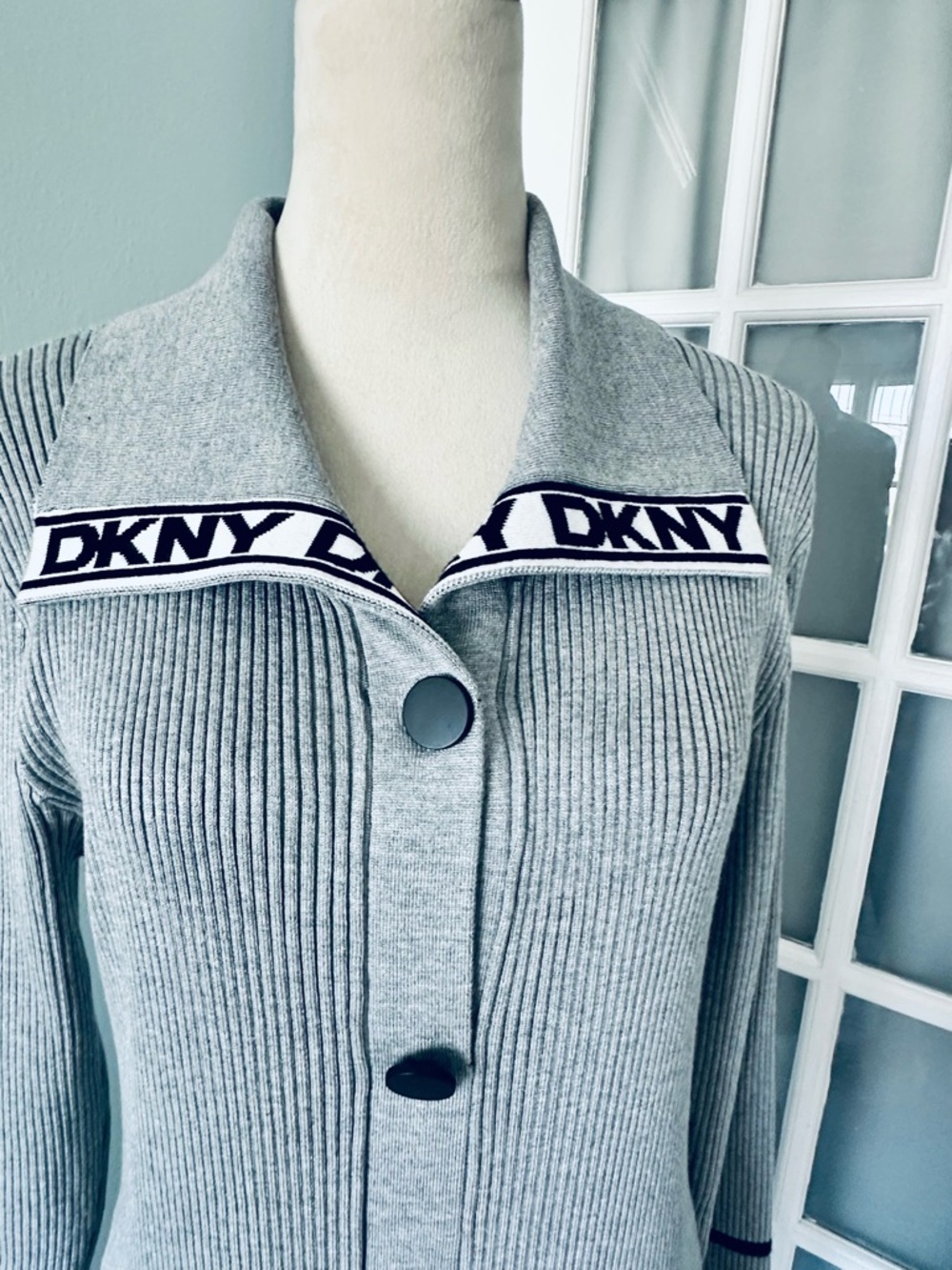 DKNY Light Gray Ribbed Button-Front Cardigan Dress - Picture 2 of 7